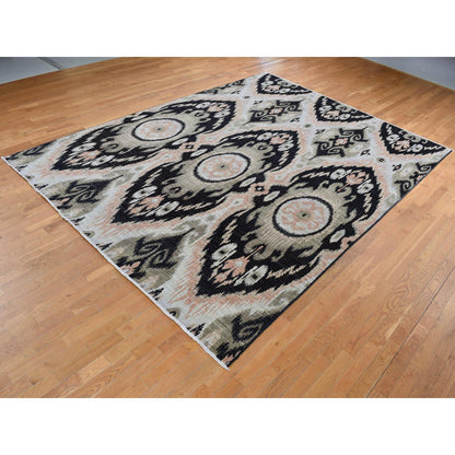 Ikat And Suzani Design Wool Hand Knotted Rug Black No Border 9.1X13.0 -O087513