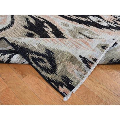 Ikat And Suzani Design Wool Hand Knotted Rug Black No Border 9.1X13.0 -O087513