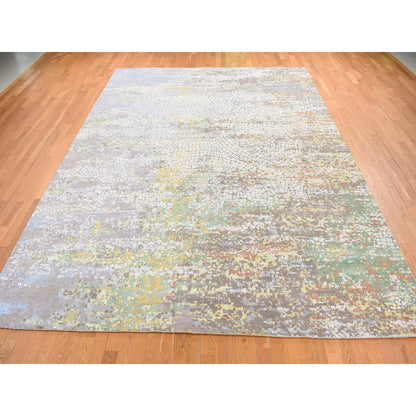 Modern and Contemporary Wool & Pure Silk Hand Knotted Rug Grey No Border 10.0X14.1 -O087581