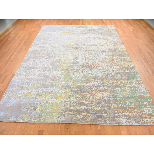 Modern and Contemporary Wool & Pure Silk Hand Knotted Rug Grey No Border 10.0X14.1 -O087581