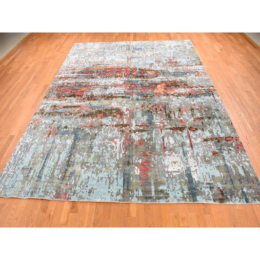 Modern and Contemporary Wool & Silk Hand Knotted Rug Grey No Border 9.10X13.8 -O087583
