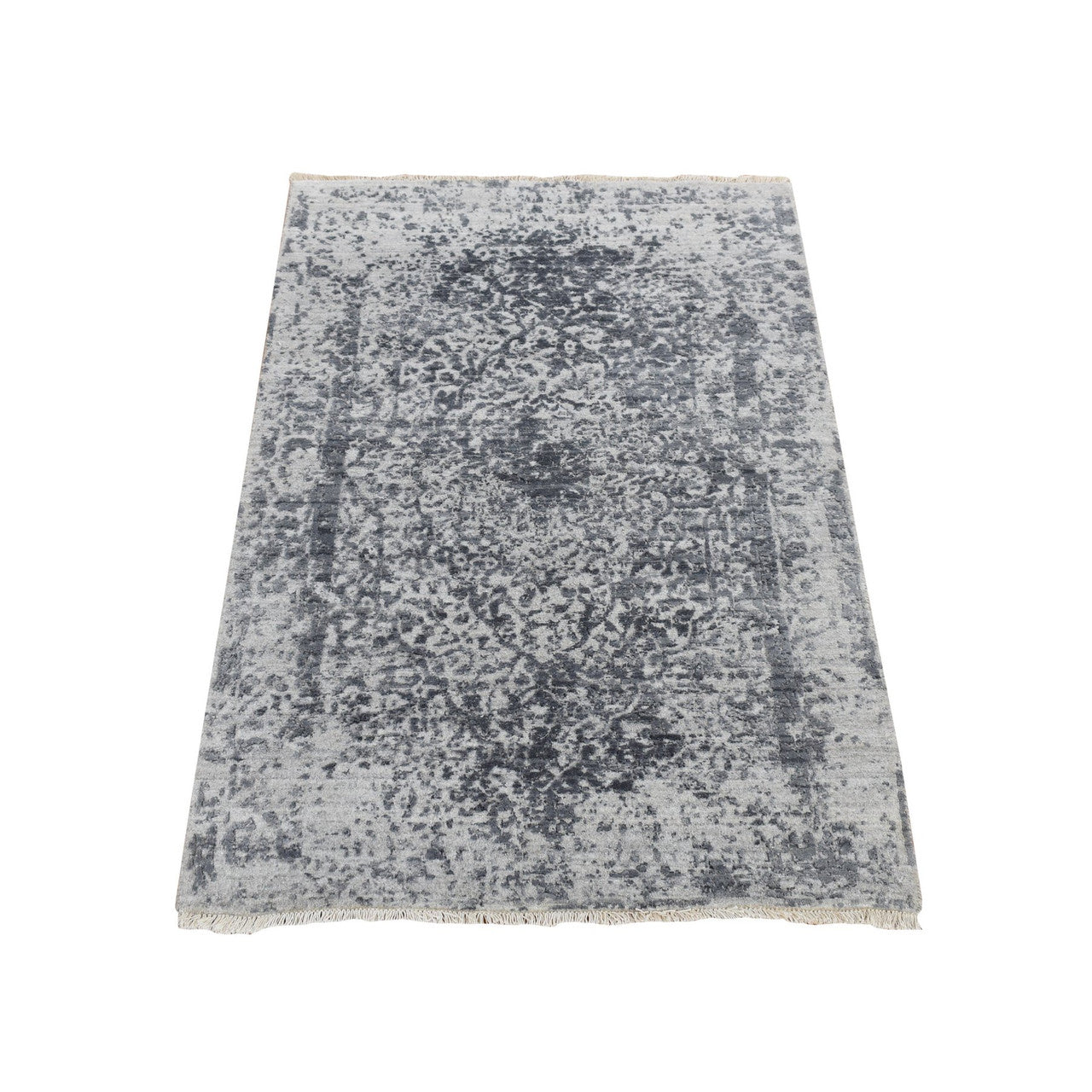 Transitional Wool & Pure Silk Hand Knotted Rug Grey No Border 3.0X4.10 -O087605