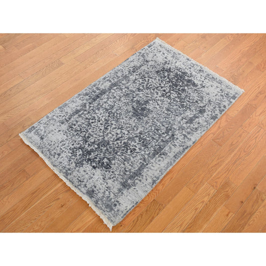 Transitional Wool & Pure Silk Hand Knotted Rug Grey No Border 3.0X4.10 -O087605