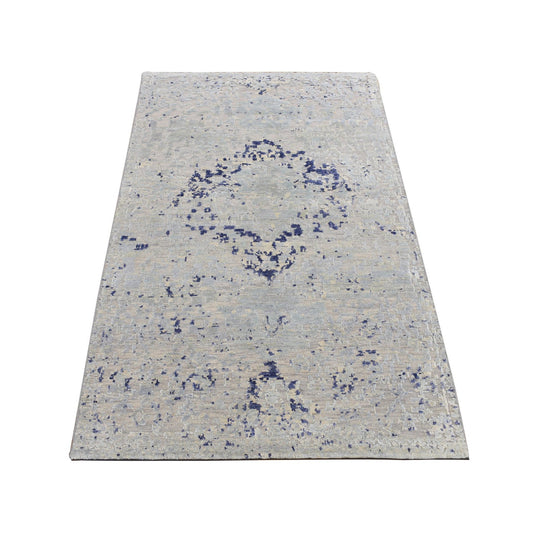 Transitional Wool & Silk Hand Knotted Rug Blue No Border 3.0X4.10 -O087610