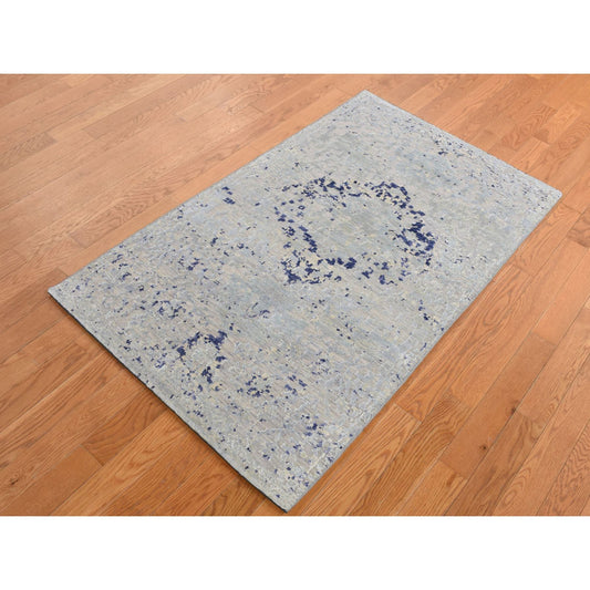 Transitional Wool & Silk Hand Knotted Rug Blue No Border 3.0X4.10 -O087610