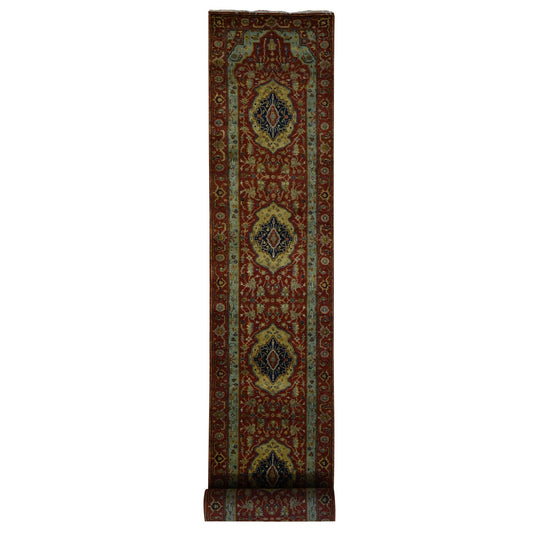 Heriz Wool Hand Knotted Rug Red Green 2.7X17.7 -O087623