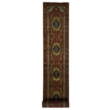 Heriz Wool Hand Knotted Rug Red Green 2.7X17.7 -O087623