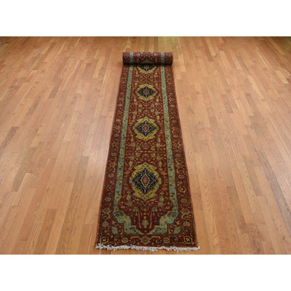 Heriz Wool Hand Knotted Rug Red Green 2.7X17.7 -O087623