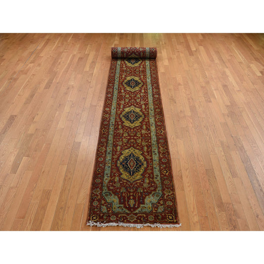 Heriz Wool Hand Knotted Rug Red Green 2.7X17.7 -O087623