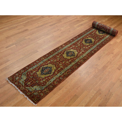 Heriz Wool Hand Knotted Rug Red Green 2.7X17.7 -O087623