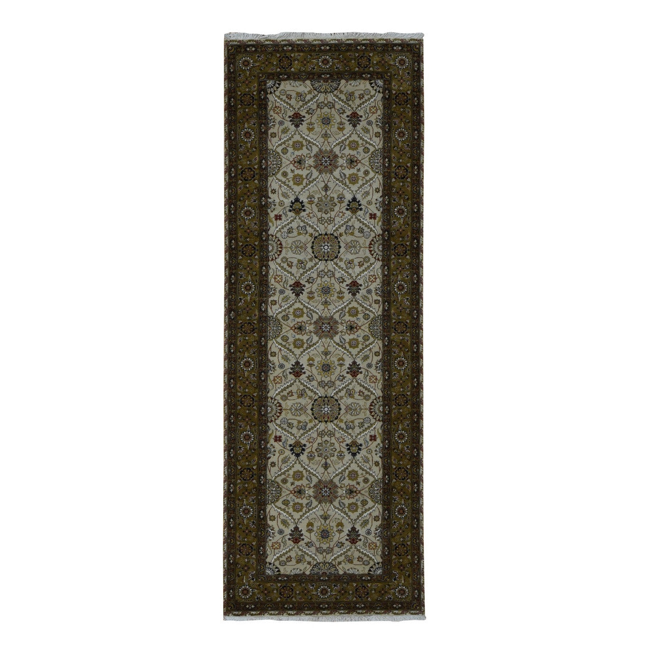 Fine Oriental Wool & Silk Hand Knotted Rug Brown Green 3.6X10.3 -O087624