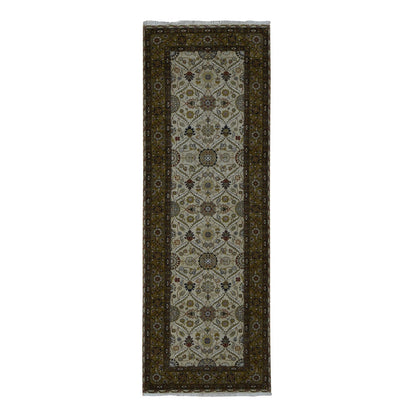 Fine Oriental Wool & Silk Hand Knotted Rug Brown Green 3.6X10.3 -O087624