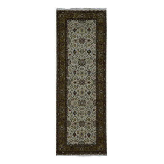 Fine Oriental Wool & Silk Hand Knotted Rug Brown Green 3.6X10.3 -O087624