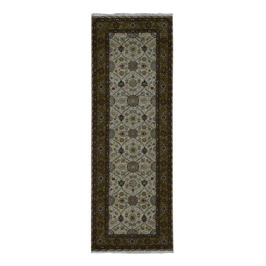 Fine Oriental Wool & Silk Hand Knotted Rug Brown Green 3.6X10.3 -O087624