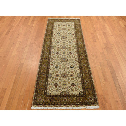Fine Oriental Wool & Silk Hand Knotted Rug Brown Green 3.6X10.3 -O087624