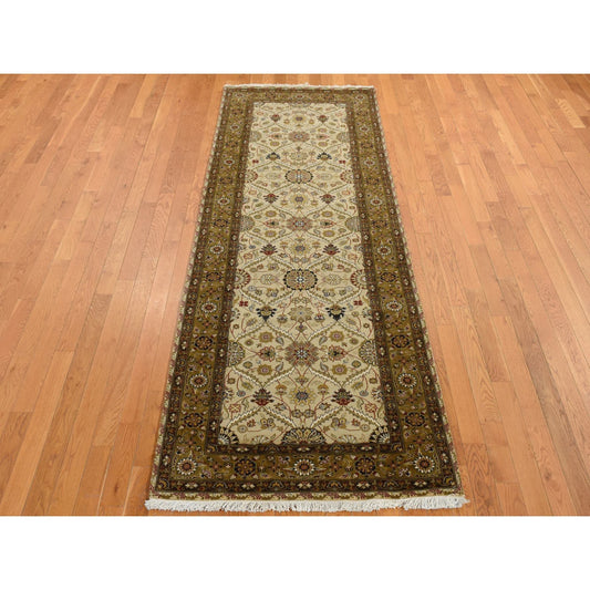 Fine Oriental Wool & Silk Hand Knotted Rug Brown Green 3.6X10.3 -O087624