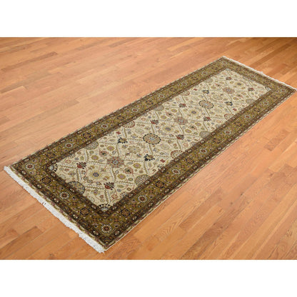 Fine Oriental Wool & Silk Hand Knotted Rug Brown Green 3.6X10.3 -O087624