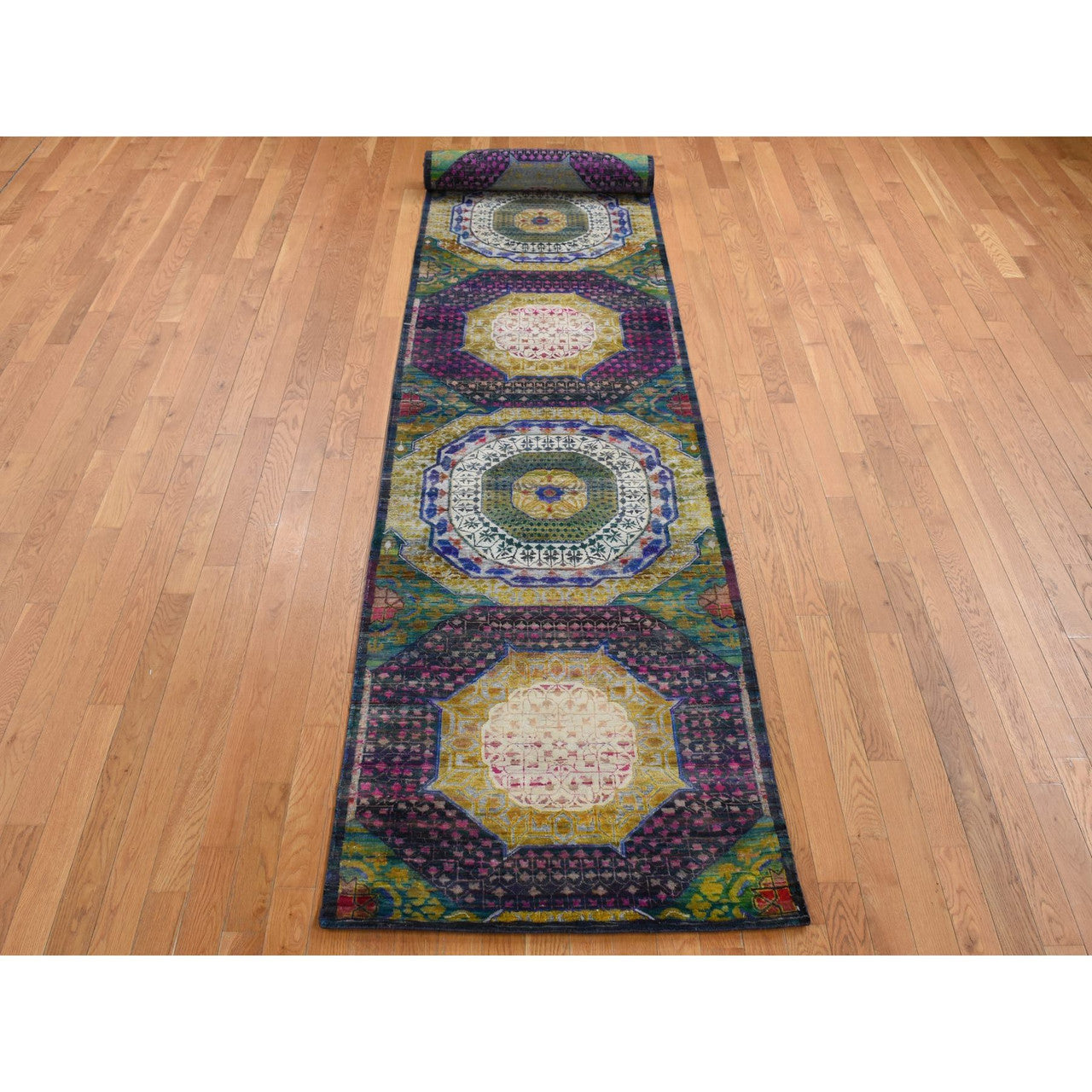Yellow 3'1" x 19'3" Mamluk & Sari Hand knotted Wool/Silk Rug - Sku: O087625