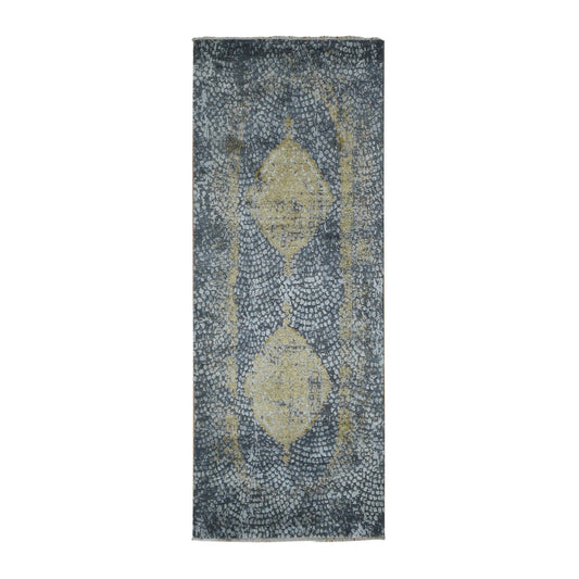Transitional Wool & Pure Silk Hand Knotted Rug Grey No Border 3.0X8.0 -O087627