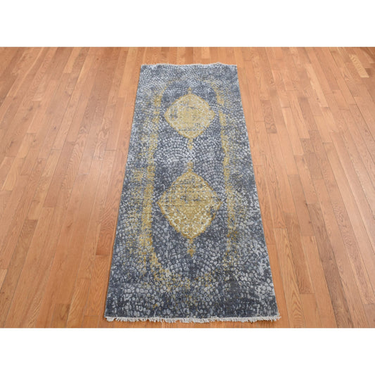 Transitional Wool & Pure Silk Hand Knotted Rug Grey No Border 3.0X8.0 -O087627