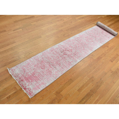 Transitional Wool & Pure Silk Hand Knotted Rug Pink No Border 2.5X15.7 -O087631