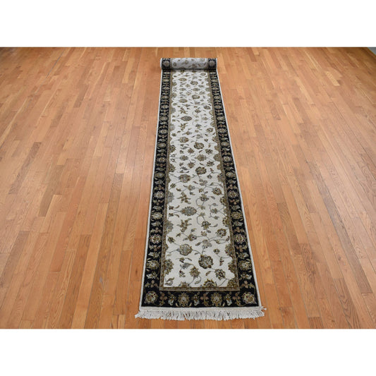 Rajasthan Wool & Silk Hand Knotted Rug Ivory Black 2.7X16.0 -O087633