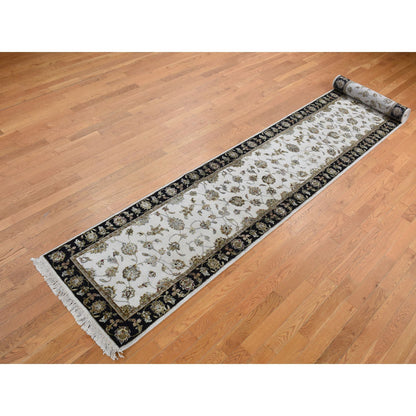Rajasthan Wool & Silk Hand Knotted Rug Ivory Black 2.7X16.0 -O087633