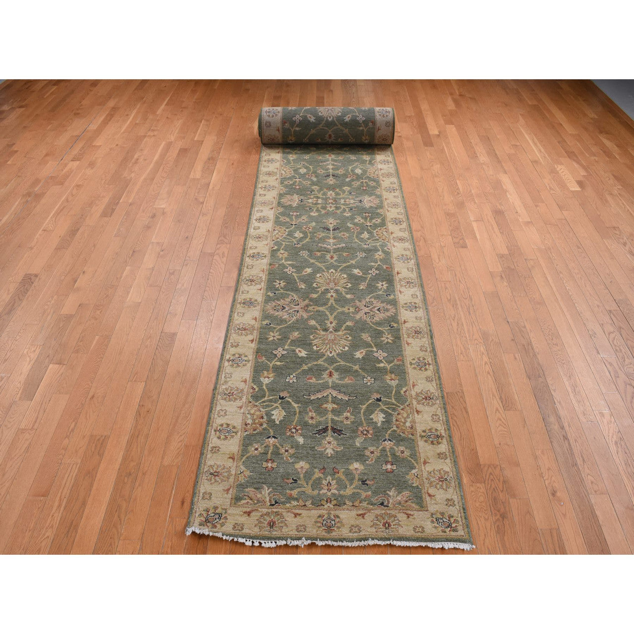 Oushak And Peshawar Wool Hand Knotted Rug Green Beige 3.6X32.2 -O087634