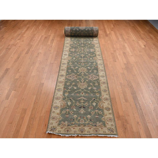 Oushak And Peshawar Wool Hand Knotted Rug Green Beige 3.6X32.2 -O087634