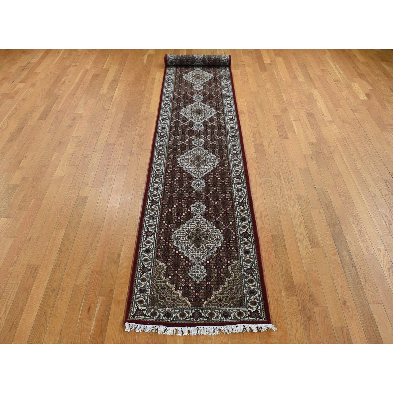 Fine Oriental Wool & Silk Hand Knotted Rug Red Ivory 2.7X15.8 -O087635