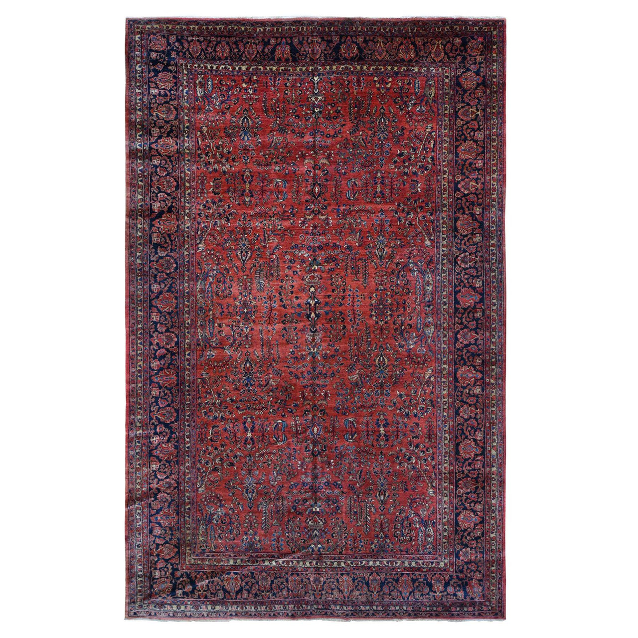 Antique Wool Hand Knotted Rug Red Midnight Blue 10.8X17.2 -O087641