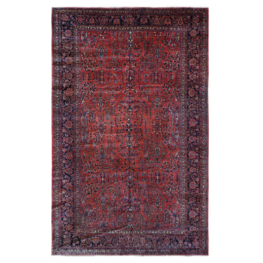 Antique Wool Hand Knotted Rug Red Midnight Blue 10.8X17.2 -O087641