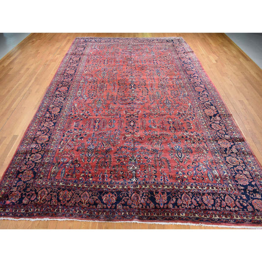 Antique Wool Hand Knotted Rug Red Midnight Blue 10.8X17.2 -O087641