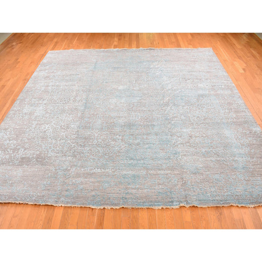Transitional Wool & Silk Hand Knotted Rug Green No Border 11.8X11.8 -O087643