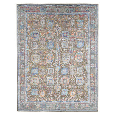Transitional Wool & Silk Hand Knotted Rug Brown Light Blue 11.9X15.2 -O087644