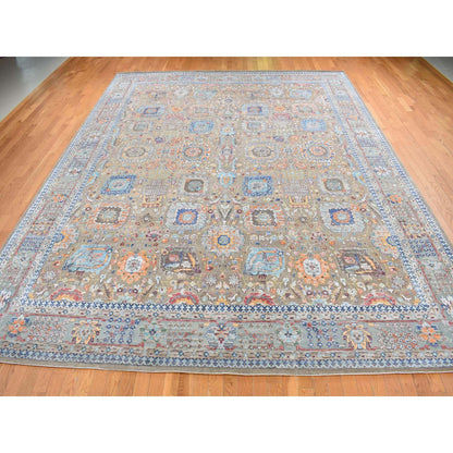 Transitional Wool & Silk Hand Knotted Rug Brown Light Blue 11.9X15.2 -O087644