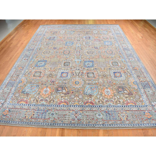 Transitional Wool & Silk Hand Knotted Rug Brown Light Blue 11.9X15.2 -O087644