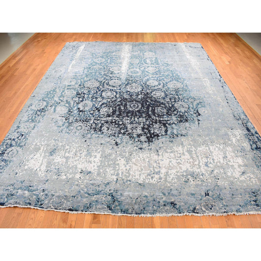 Transitional Wool & Silk Hand Knotted Rug Grey No Border 12.0X15.1 -O087646