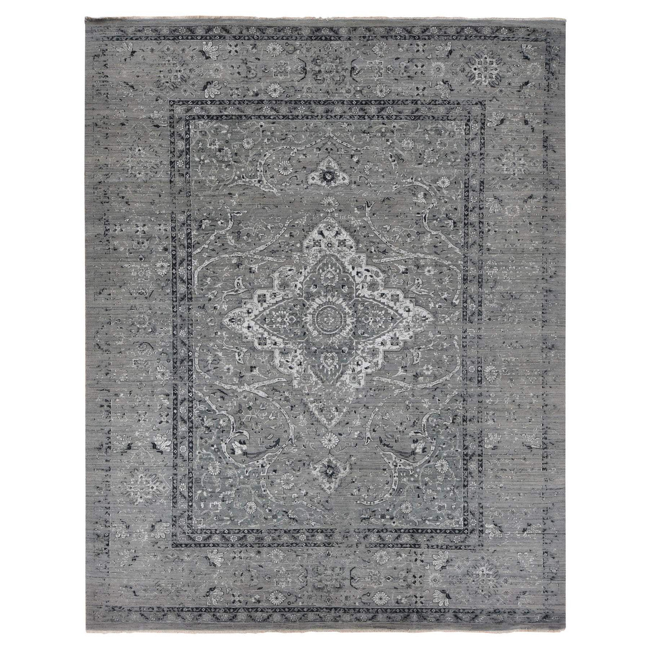 Gray 12'0" x 15'5" Transitional Hand knotted Wool/Silk Rug - Sku: O087648