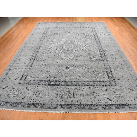 Transitional Wool & Silk Hand Knotted Rug Grey Gray 12.0X15.5 -O087648