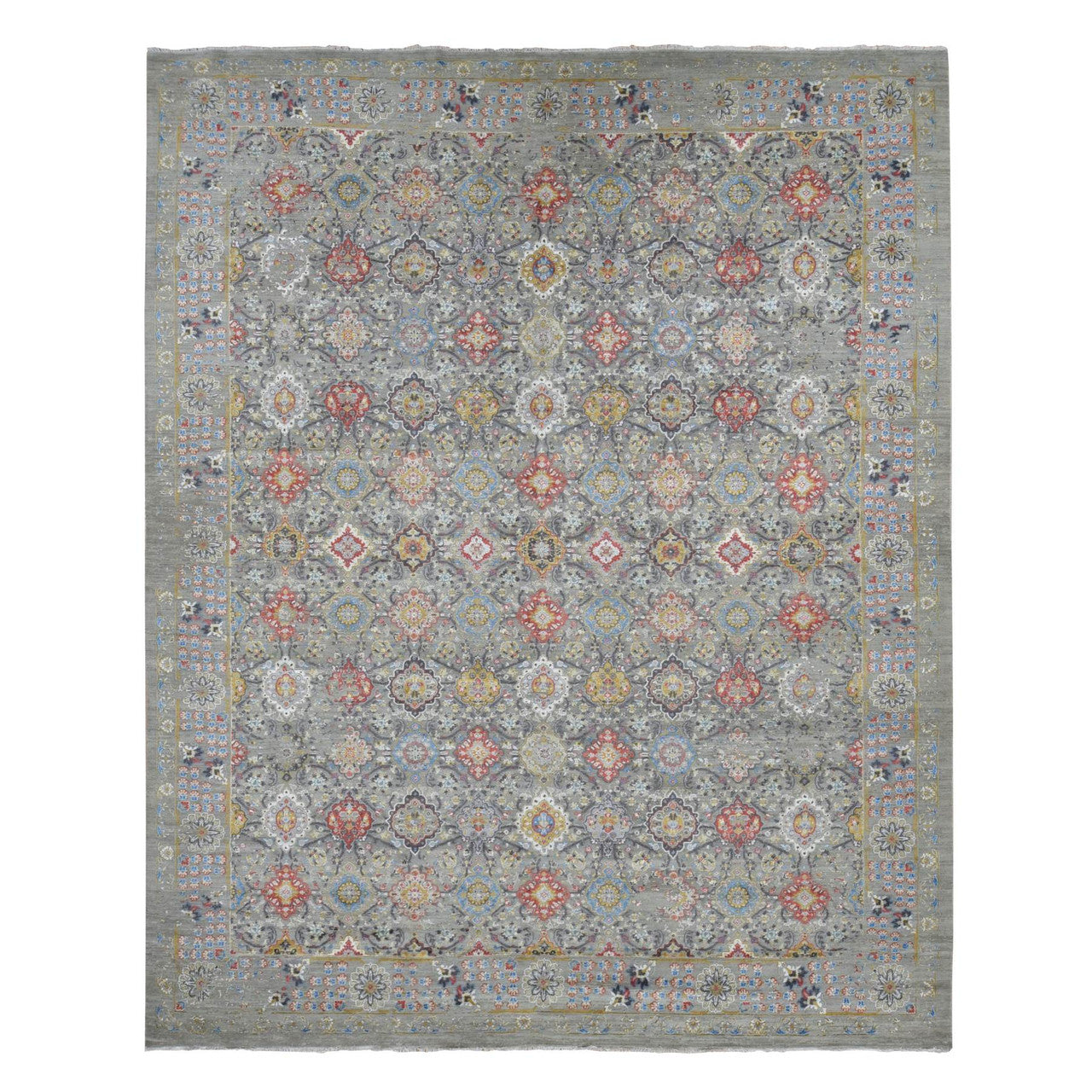 Gray 12'0" x 15'1" Transitional & Pure Hand knotted Wool/Silk Rug - Sku: O087650