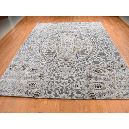 Transitional Wool & Silk Hand Knotted Rug Grey No Border 12.0X15.0 -O087652