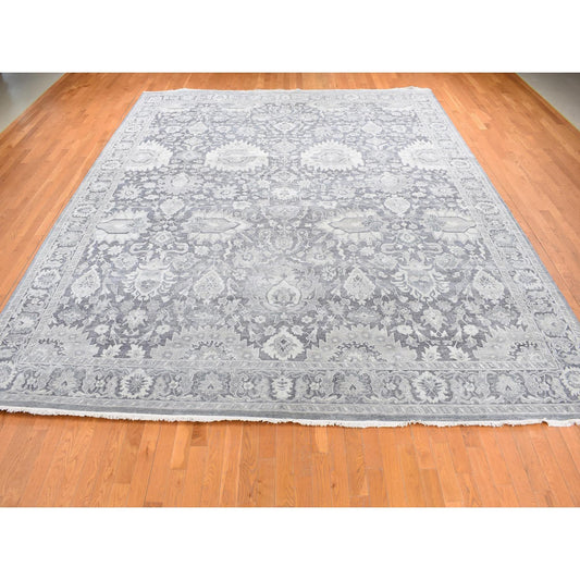 Modern and Contemporary Wool & Silk Hand Knotted Rug Grey Gray 11.10X14.10 -O087653