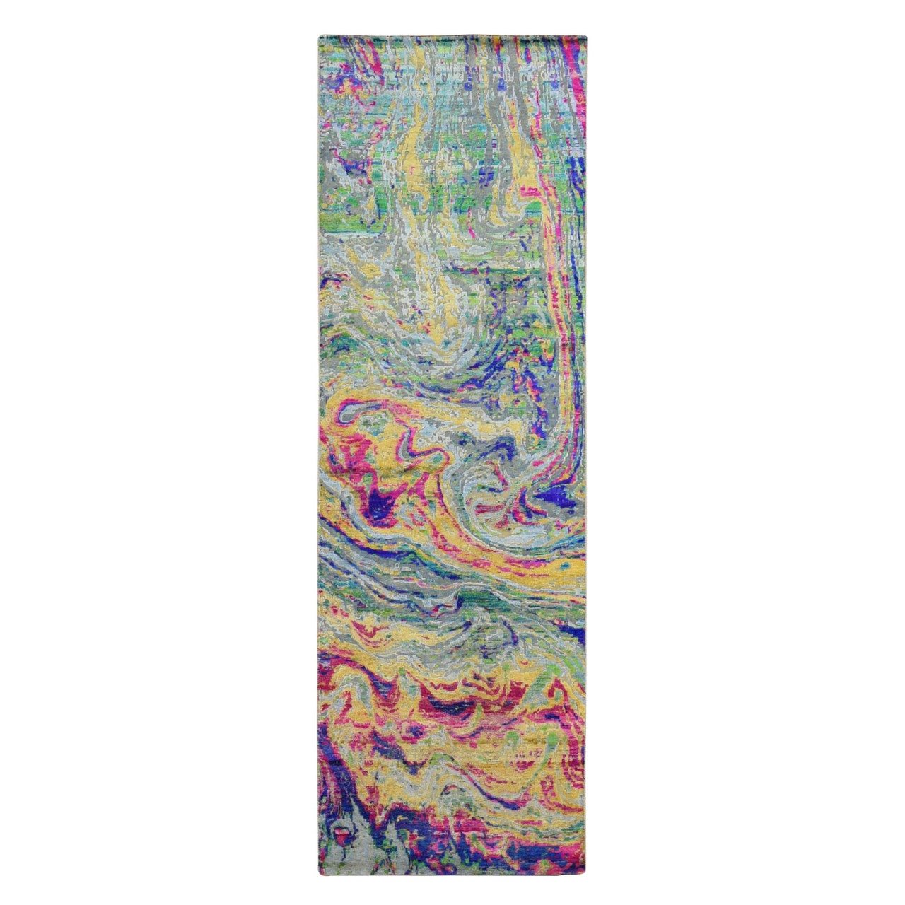 Ivory 3'0" x 9'2" Modern and Contemporary Multicolored Hand knotted Wool/Silk Rug - Sku: O087654