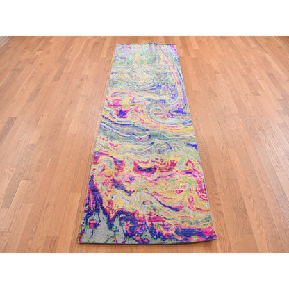 Modern and Contemporary Wool & Silk Hand Knotted Rug Multicolored No Border 3.0X9.2 -O087654