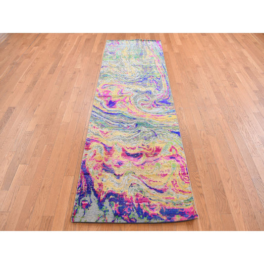 Modern and Contemporary Wool & Silk Hand Knotted Rug Multicolored No Border 3.0X9.2 -O087654