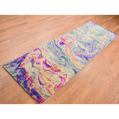Modern and Contemporary Wool & Silk Hand Knotted Rug Multicolored No Border 3.0X9.2 -O087654