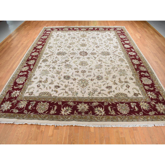 Rajasthan Wool & Silk Hand Knotted Rug Ivory Burgundy Red 12.0X15.3 -O087665