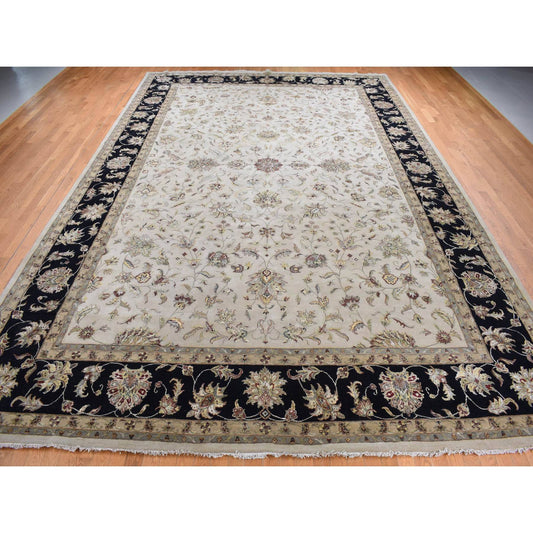 Rajasthan Wool & Silk Hand Knotted Rug Ivory Black 12.0X18.2 -O087666