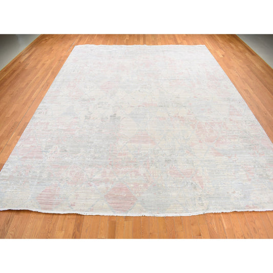 Modern and Contemporary Wool & Silk Hand Knotted Rug Ivory No Border 12.0X15.3 -O087674